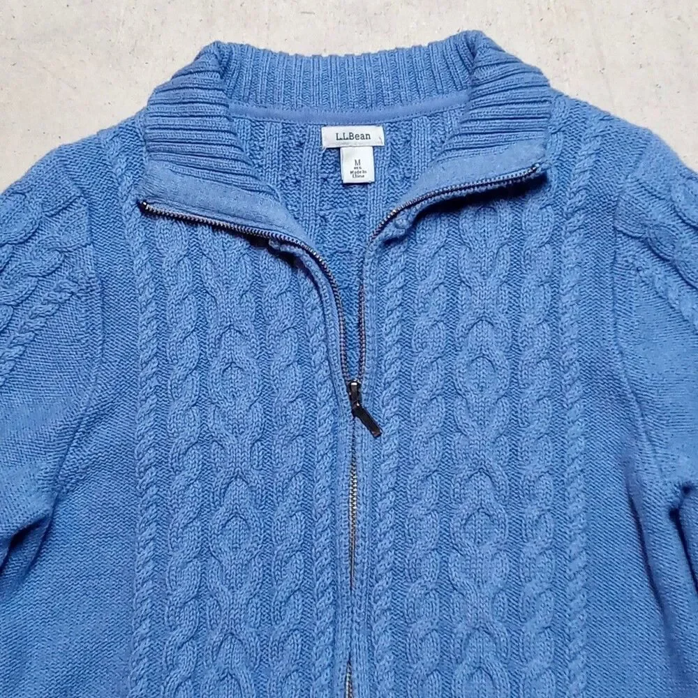 LL Bean Cotton Cardigan Sweater Women MEDIUM Full Zip Cable Knit Fisherman